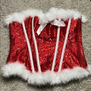 BSLingerie Red Sequin Corset with White Feather Trim Christmas Mrs Claus Medium